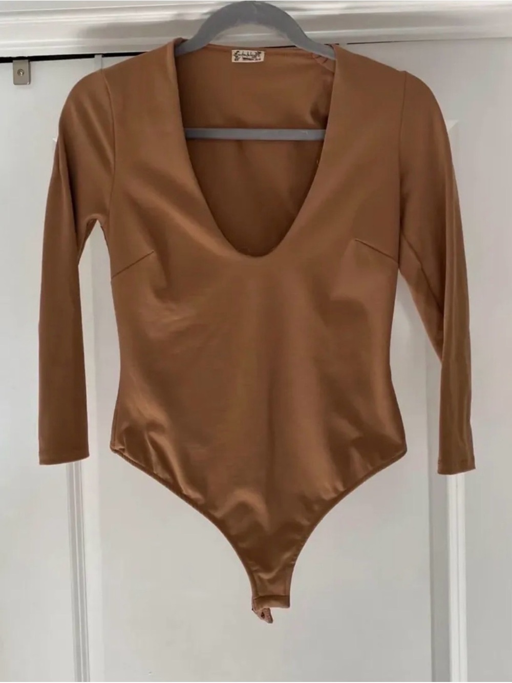 Free People Long Sleeve Deep Scoop Bodysuit - Camel Brown